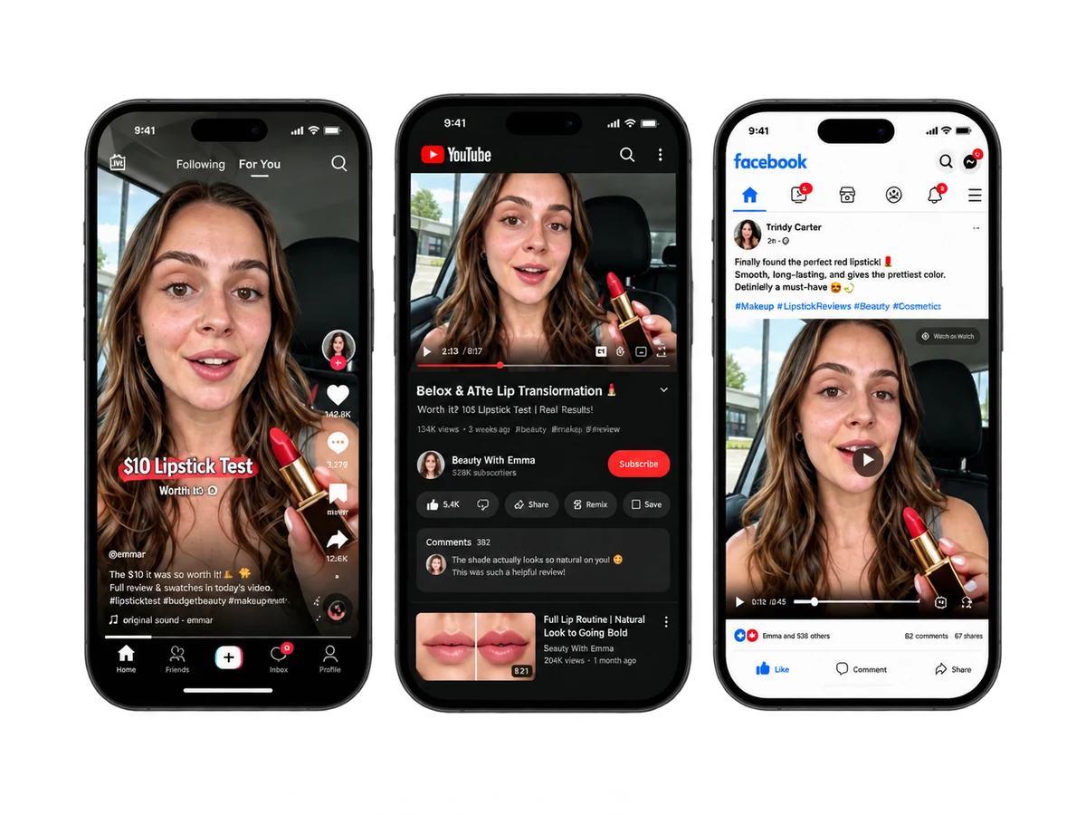 The same creator content adapted for TikTok, YouTube, and Facebook